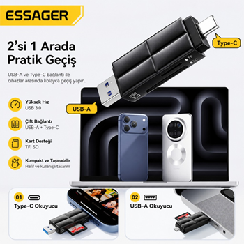 Essager USB 3.0 Type-C + USB-A 2in1 Arada SD/TF Kart Okuyucu – Yüksek Hızlı Hafıza Kartı Adaptörü