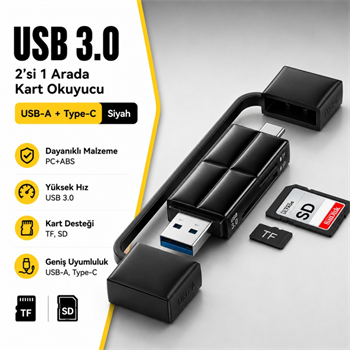Essager USB 3.0 Type-C + USB-A 2in1 Arada SD/TF Kart Okuyucu – Yüksek Hızlı Hafıza Kartı Adaptörü