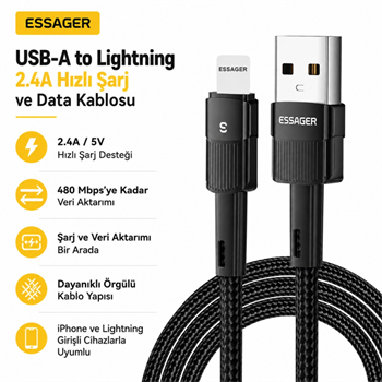 Essager USB-A to Lightning 2.4A Hızlı Şarj ve Data Kablosu – 480 Mbps Veri Aktarımı – Dayanıklı Örgülü Kablo