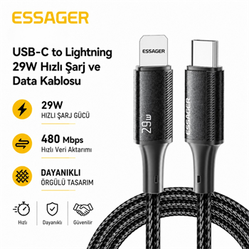 ESSAGER USB-C to Lightning 29W Hızlı Şarj ve Data Kablosu – 480 Mbps Veri Aktarımı, Dayanıklı Örgülü Kablo