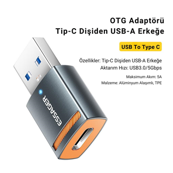 Essager USB to Type-C OTG Dönüştürücü Adaptör, 5 Gbps Veri Aktarım, USB Type C Çevirici, Klavye, Mouse Çevirici