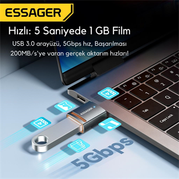 Essager USB to Type-C OTG Dönüştürücü Adaptör, 5 Gbps Veri Aktarım, USB Type C Çevirici, Klavye, Mouse Çevirici