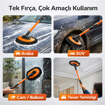 Polham 100CM Uzayabilen Teleskopik Saplı Kuru Islak Araç Temizleme Fırçası, İz ve Çizik Bırkaz Fırça, Yedek Bezli
