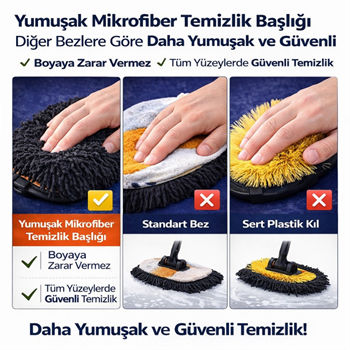 Polham 100CM Uzayabilen Teleskopik Saplı Kuru Islak Araç Temizleme Fırçası, İz ve Çizik Bırkaz Fırça, Yedek Bezli