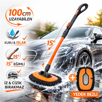 Polham 100CM Uzayabilen Teleskopik Saplı Kuru Islak Araç Temizleme Fırçası, İz ve Çizik Bırkaz Fırça, Yedek Bezli