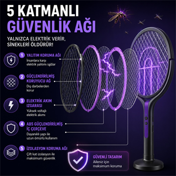 Polham 105 CM Uzatılabilir Elektrikli Sinek Öldürücü Raket, Şarjlı 2800V Yüksek Voltajlı, 360 Dönebilen Başlıklı Sinek Öldürücü