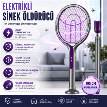 Polham 105 CM Uzatılabilir Elektrikli Sinek Öldürücü Raket, Şarjlı 2800V Yüksek Voltajlı, 360 Dönebilen Başlıklı Sinek Öldürücü