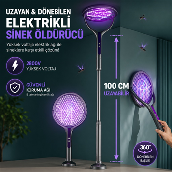Polham 105 CM Uzatılabilir Elektrikli Sinek Öldürücü Raket, Şarjlı 2800V Yüksek Voltajlı, 360 Dönebilen Başlıklı Sinek Öldürücü