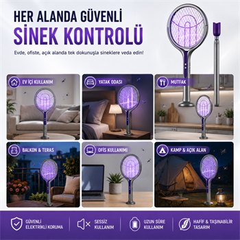 Polham 105 CM Uzatılabilir Elektrikli Sinek Öldürücü Raket, Şarjlı 2800V Yüksek Voltajlı, 360 Dönebilen Başlıklı Sinek Öldürücü