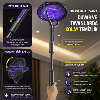 Polham 105 CM Uzatılabilir Elektrikli Sinek Öldürücü Raket, Şarjlı 2800V Yüksek Voltajlı, 360 Dönebilen Başlıklı Sinek Öldürücü