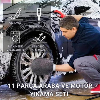 Polham 11 Parça Araba, Motorsiklet İç ve Dış Detaylı Temizleme Seti, Yıkama Ve Kurulama Seti, Bakım Seti