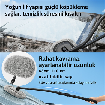 Polham 110CM Uzayabilen Teleskopik Saplı Kuru Islak Araç Temizleme Mopu, İz ve Çizik Bırakmaz Fırça