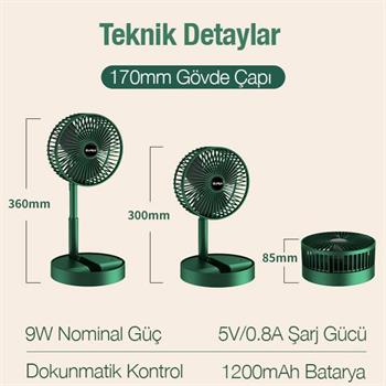 Polham 1200mAh Dokunmatik Ultra Hızlı ve Sessiz Masaüstü Vantilatör, Katlanabilir, Portatif, Taşınabilir Fan