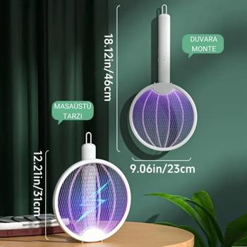 Polham 1200mAh Şarjlı 3000V Katlanabilir Ultra Güçlü Sinek ve Sivrisinek Öldürücü, 3in1 Askılı Standlı