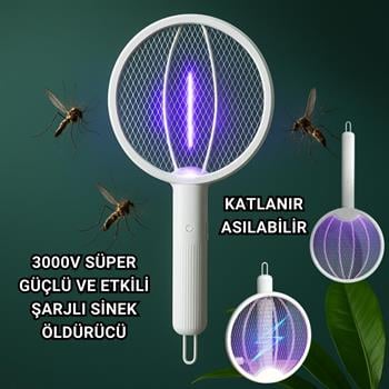 Polham 1200mAh Şarjlı 3000V Katlanabilir Ultra Güçlü Sinek ve Sivrisinek Öldürücü, 3in1 Askılı Standlı