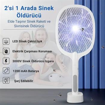 Polham 1200mAh Şarjlı 3000V Süper Güçlü Sivrisinek Öldürücü, 2in1 Taşınabilir ve Standlı Sinek Öldürücü
