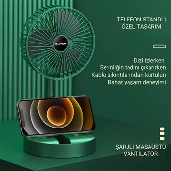 Polham 1200mAh Şarjlı Katlanabilir Telefon Stantlı Masaüstü Serinletici Vantilatör Fan, Katlanır Fan