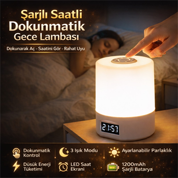 Polham 1200mAh Şarjlı Saatli Dokunmatik LED  Masa Lambası, 3 Işık Modlu,  Parlaklık Ayarlı Gece Lambası