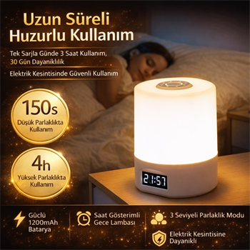 Polham 1200mAh Şarjlı Saatli Dokunmatik LED  Masa Lambası, 3 Işık Modlu,  Parlaklık Ayarlı Gece Lambası