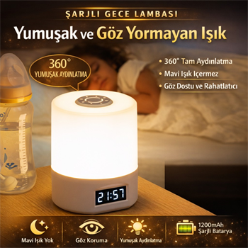 Polham 1200mAh Şarjlı Saatli Dokunmatik LED  Masa Lambası, 3 Işık Modlu,  Parlaklık Ayarlı Gece Lambası