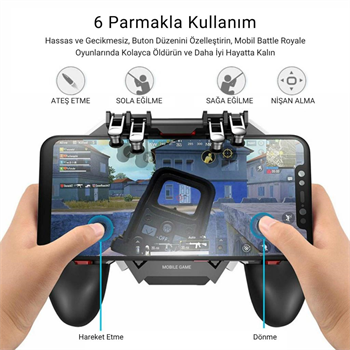 Polham 1200mAh Şarjlı Telefon Soğutucu ve Oyun Kolu, 6 Parmak Mobil Oyun Konsolu, Tüm Telefonlara Uyumlu