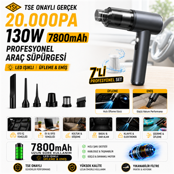 Polham 130W 20.000PA 7800Mah Şarjlı Profesyonel Araç Süpürgesi, Led Işıklı Oto Süpürge ve Üfleme Makinası