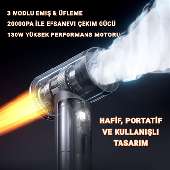 Polham 130W 20.000PA 7800Mah Şarjlı Profesyonel Araç Süpürgesi, Led Işıklı Oto Süpürge ve Üfleme Makinası