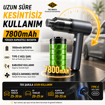 Polham 130W 20.000PA 7800Mah Şarjlı Profesyonel Araç Süpürgesi, Led Işıklı Oto Süpürge ve Üfleme Makinası