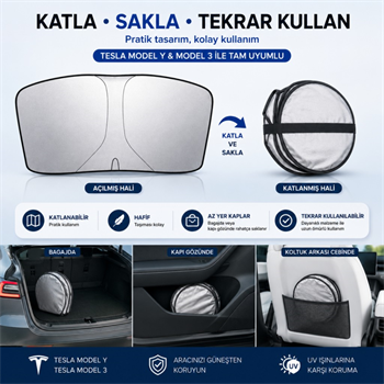 Polham 140x80 CM Tesla Model Y ve Model 3 İle Uyumlu Ön Cam Güneşliği, Isı Yalıtımlı Güneş Koruyucu
