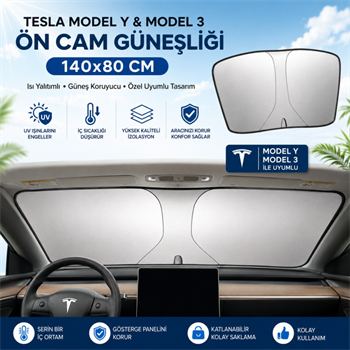 Polham 140x80 CM Tesla Model Y ve Model 3 İle Uyumlu Ön Cam Güneşliği, Isı Yalıtımlı Güneş Koruyucu