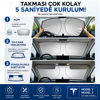 Polham 140x80 CM Tesla Model Y ve Model 3 İle Uyumlu Ön Cam Güneşliği, Isı Yalıtımlı Güneş Koruyucu