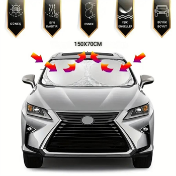 Polham 150x70 CM Universal Araç İçi Ön Cam Güneş Koruyucu Branda, Sedan, Suv ve Hatchback Uyumlu, UV Engelleyici