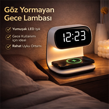 Polham 15W Kablosuz Şarjlı LED Masa Lambası Saat | Alarm Özellikli Dijital Saat | Gece Lambası | LED Ekran