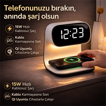 Polham 15W Kablosuz Şarjlı LED Masa Lambası Saat | Alarm Özellikli Dijital Saat | Gece Lambası | LED Ekran