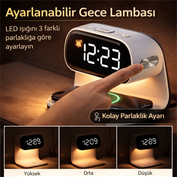 Polham 15W Kablosuz Şarjlı LED Masa Lambası Saat | Alarm Özellikli Dijital Saat | Gece Lambası | LED Ekran