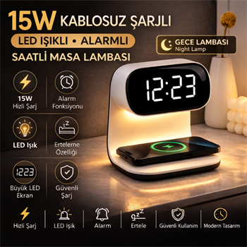 Polham 15W Kablosuz Şarjlı LED Masa Lambası Saat | Alarm Özellikli Dijital Saat | Gece Lambası | LED Ekran