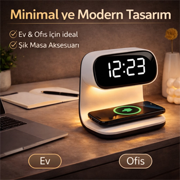 Polham 15W Kablosuz Şarjlı LED Masa Lambası Saat | Alarm Özellikli Dijital Saat | Gece Lambası | LED Ekran
