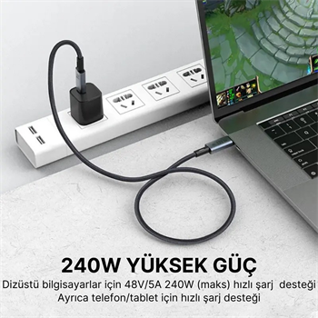 Polham 1MT USB 4.0 240W Thunderbolt Type-C to Type-C Şarj, Data ve 8K 60Hz Görüntü Aktarım Kablosu
