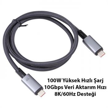 Polham 1MT USB3.2 100W Thunderbolt Type-C to Type-C Şarj, Data ve 8K 60Hz Görüntü Aktarım Kablosu