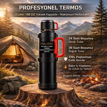 Polham 2 Litre Kamp Termosu–24 Saat Sıcak/36 Saat Soğuk, 316L Paslanmaz Çelik, Bardaklı ve Süzgeçli Termos