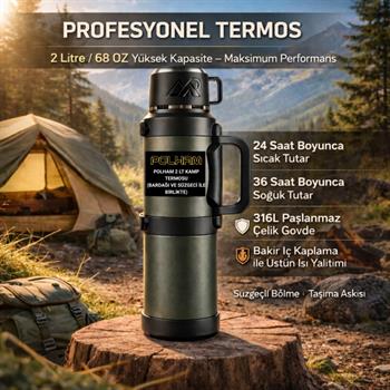 Polham 2 Litre Kamp Termosu–24 Saat Sıcak/36 Saat Soğuk, 316L Paslanmaz Çelik, Bardaklı ve Süzgeçli Termos