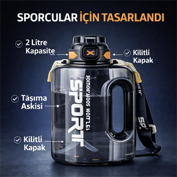 Polham 2 Litre Sporcu Su Matarası – Pipetli Açılır Kapak,Taşıma Askılı,Sızdırmaz Tasarım, BPA İçermez