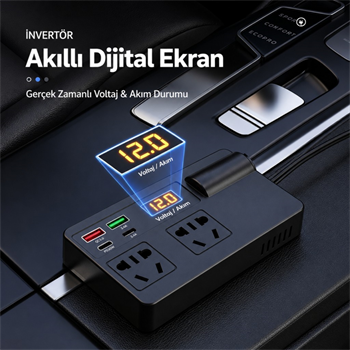 Polham 200W Araç İnvertörü 12V/24V → 220V | 2 Priz | 2x USB-C | 2x USB QC 3.0 | Dijital Ekranlı Şarj Güç Çoğaltıcı