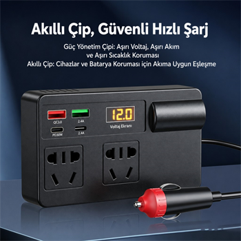 Polham 200W Araç İnvertörü 12V/24V → 220V | 2 Priz | 2x USB-C | 2x USB QC 3.0 | Dijital Ekranlı Şarj Güç Çoğaltıcı