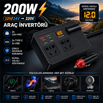 Polham 200W Araç İnvertörü 12V/24V → 220V | 2 Priz | 2x USB-C | 2x USB QC 3.0 | Dijital Ekranlı Şarj Güç Çoğaltıcı