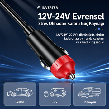 Polham 200W Araç İnvertörü 12V/24V → 220V | 2 Priz | 2x USB-C | 2x USB QC 3.0 | Dijital Ekranlı Şarj Güç Çoğaltıcı