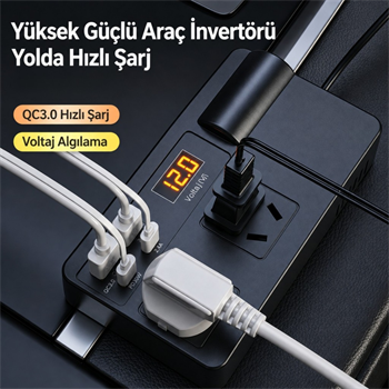 Polham 200W Araç İnvertörü 12V/24V → 220V | 2 Priz | 2x USB-C | 2x USB QC 3.0 | Dijital Ekranlı Şarj Güç Çoğaltıcı