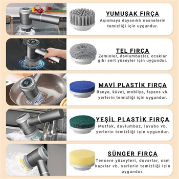 Polham 2400RPM Hızlı Dijital Ekranlı 1200Mah Şarjlı 5 Başlıklı Çok Amaçlı Temizlik Fırça Seti, Mutfak, Banyo El Fırçası