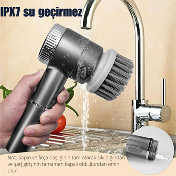 Polham 2400RPM Hızlı Dijital Ekranlı 1200Mah Şarjlı 5 Başlıklı Çok Amaçlı Temizlik Fırça Seti, Mutfak, Banyo El Fırçası