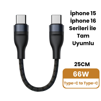 Polham 25CM 66W Süper Hızlı PD Type C to Type C Şarj Kablosu, Kısa Halat Örgülü Kopmaz Kırılmaz Kablo